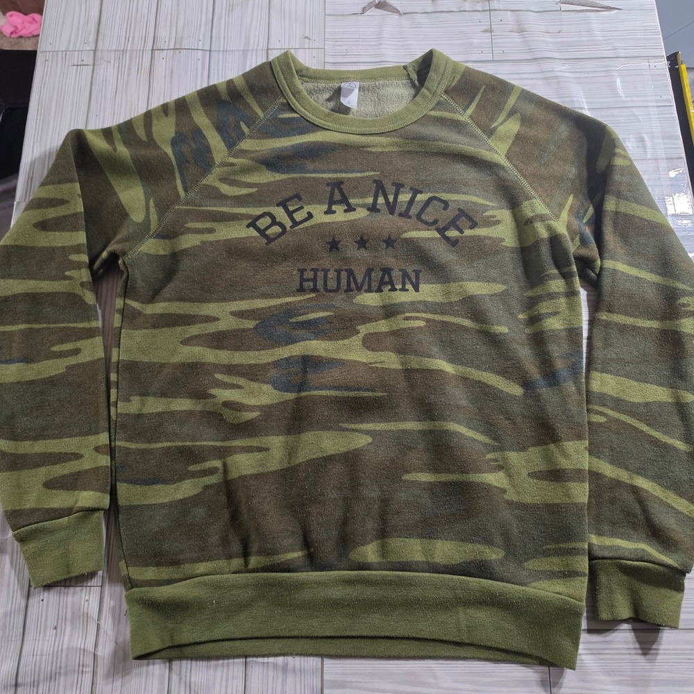 Alternative Apparel Camo Be A Nice Human Graphic Sweatshirt Green Small